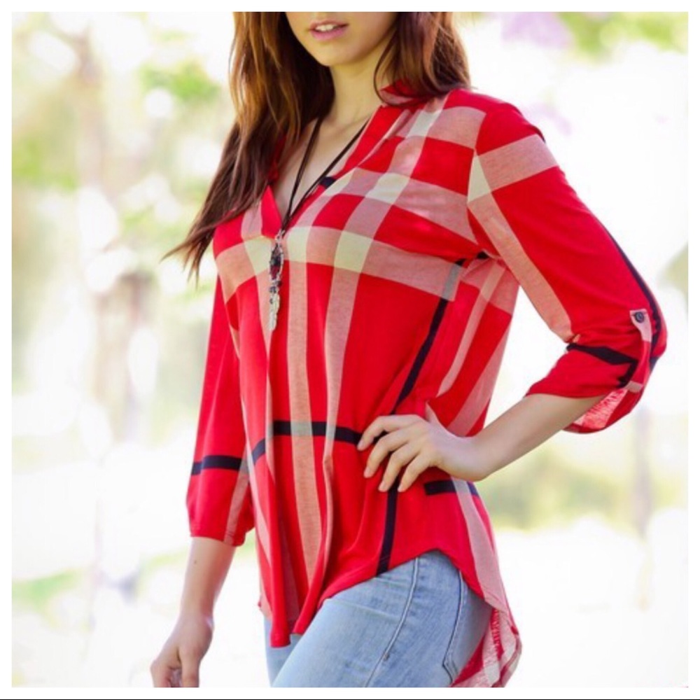 ✨LAST ONE ✨Red plaid rolled sleeves tunic - Picture 6 of 7
